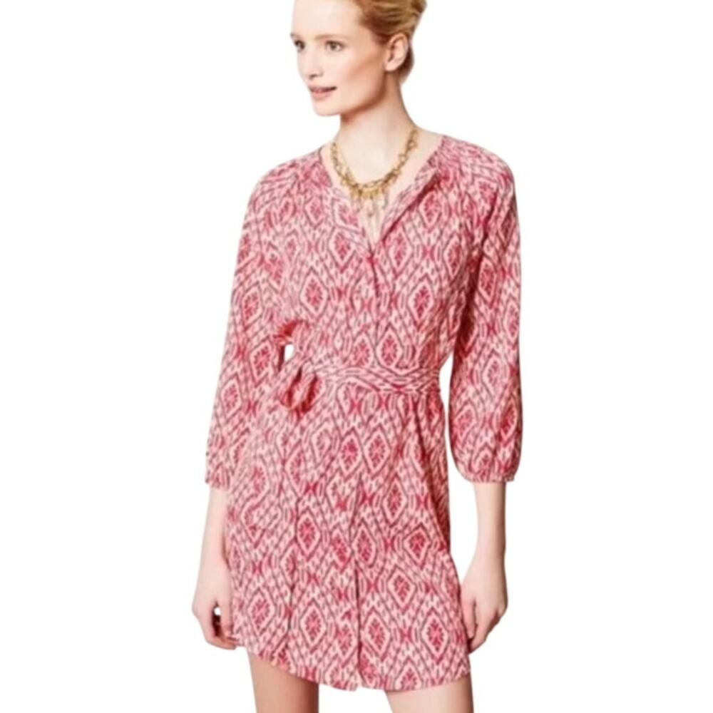Anthropologie Maeve Ikat Print Pink & White Button Front Shirt Dress Size‎ XS